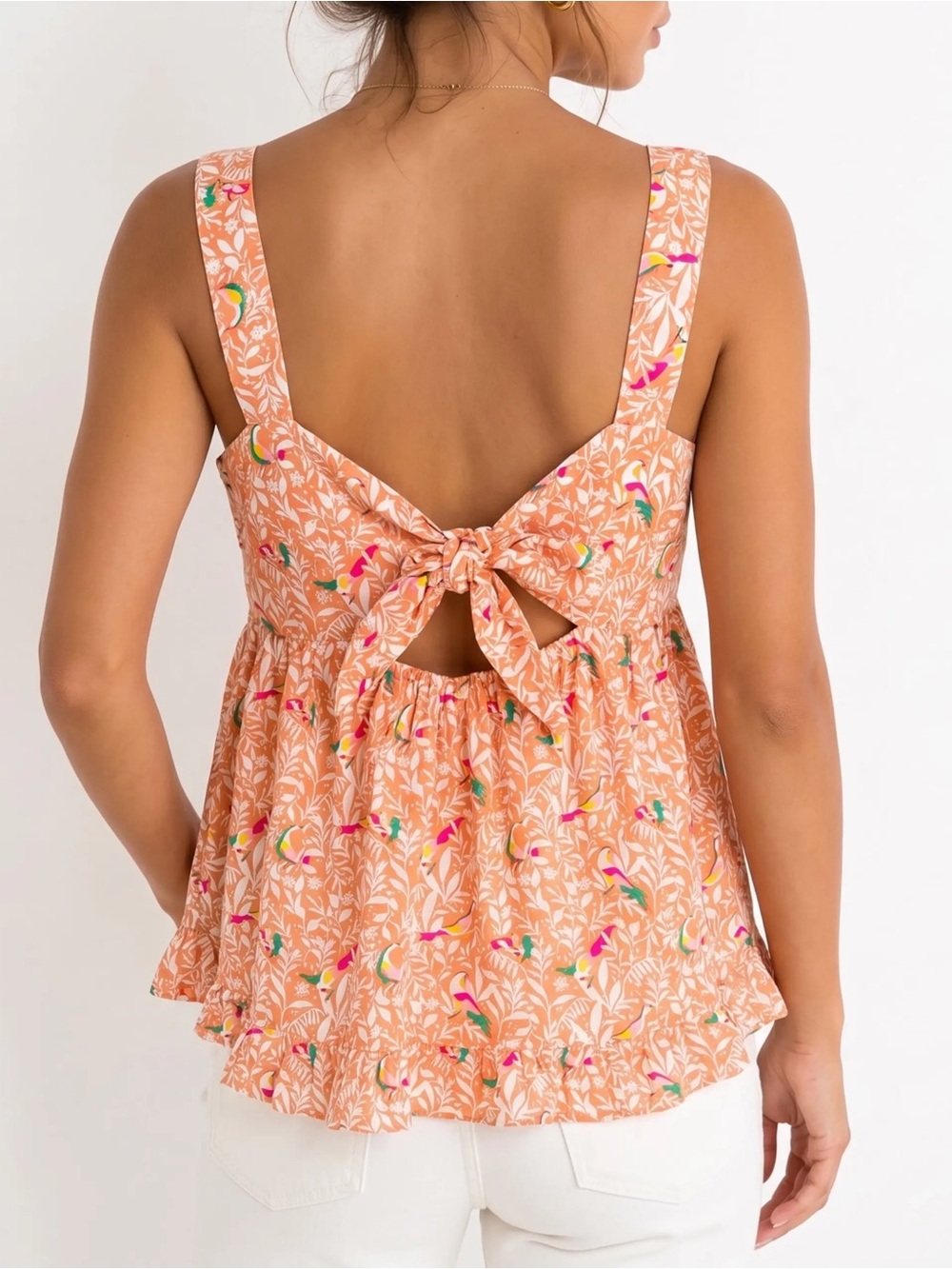 Ann Taylor LOFT NWT Orange Floral Bird Print Tie Back Tank Top Size 6 Tropical